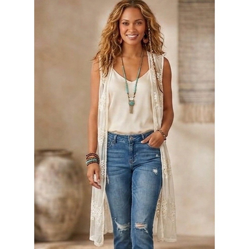 Style & Co All Over Lace Mesh Sheer Sleeveless Duster Cardigan Vest Large Boho